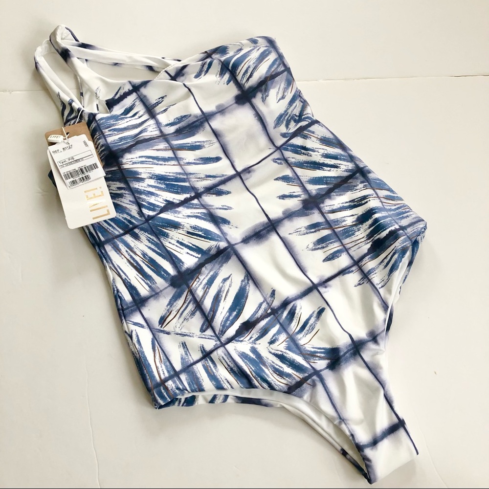LIVE One Shoulder One Piece Bikini Swim Blue and White Abstract Print size small